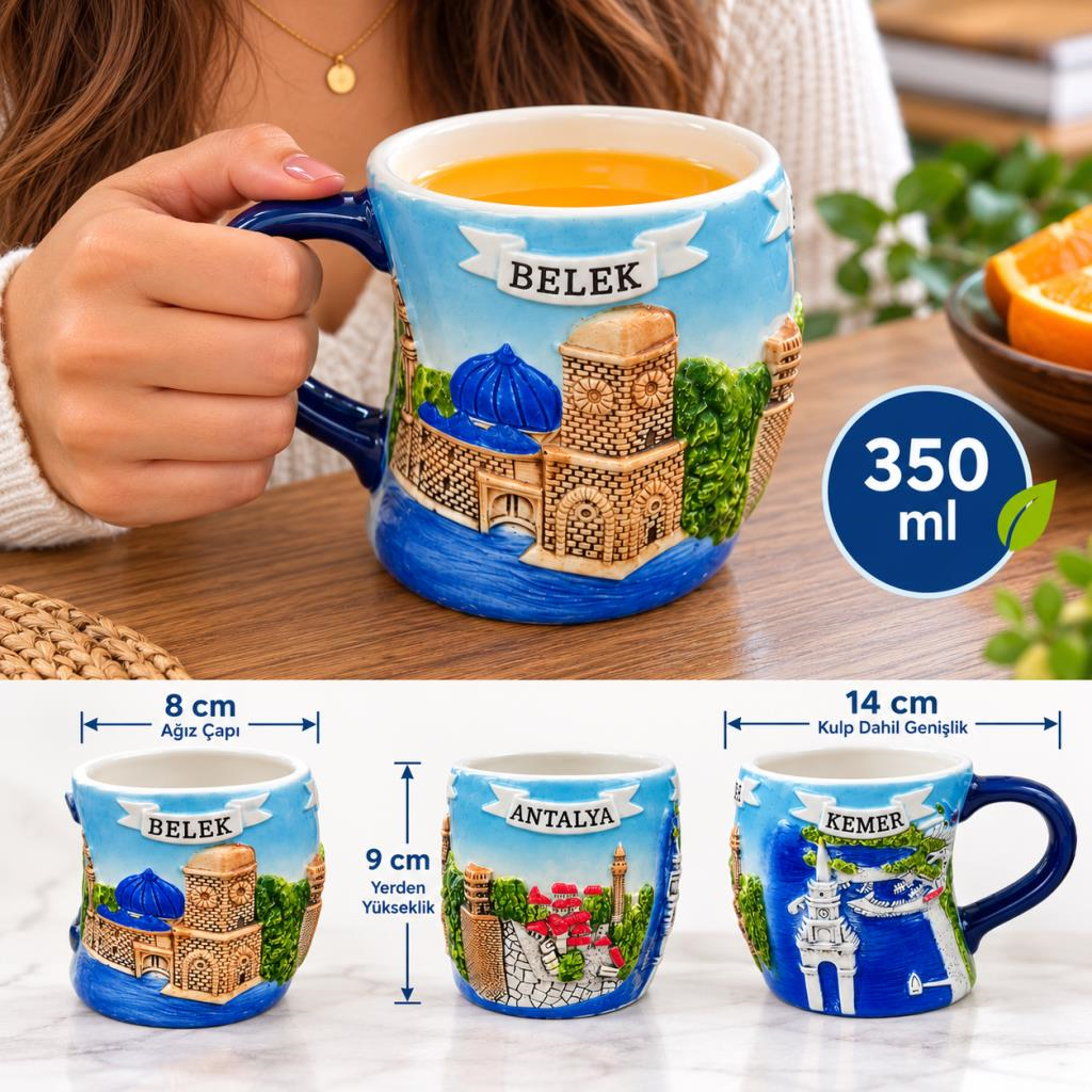 Kupa Bardak Porselen 350 ml Yöresel Antalya Belek Kemer Temalı Hediyelik
