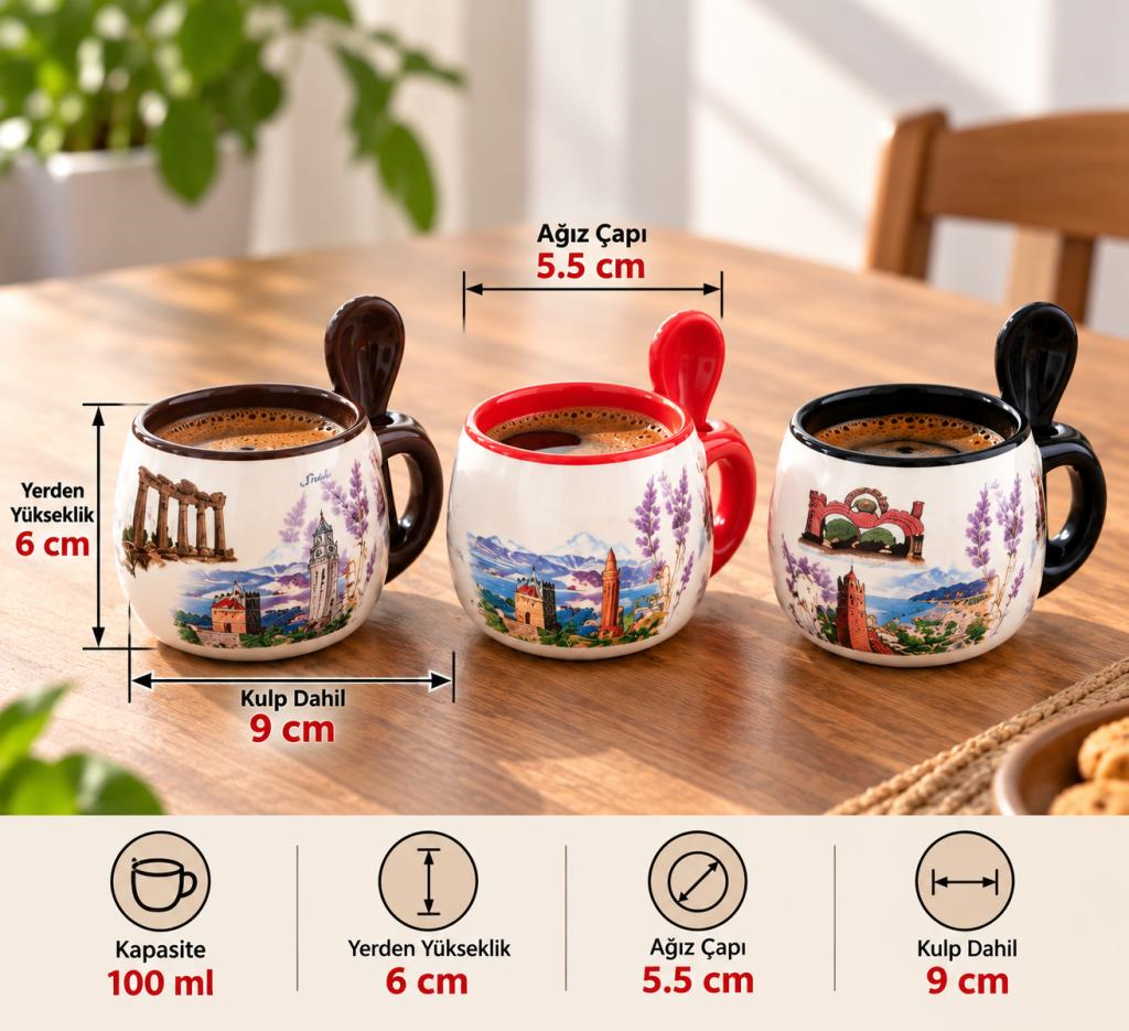 Kupa Bardak Porselen Kaşıklı 100 ML Yöresel Türkiye Temalı Hediyelik Kahve Çay Kupası 
