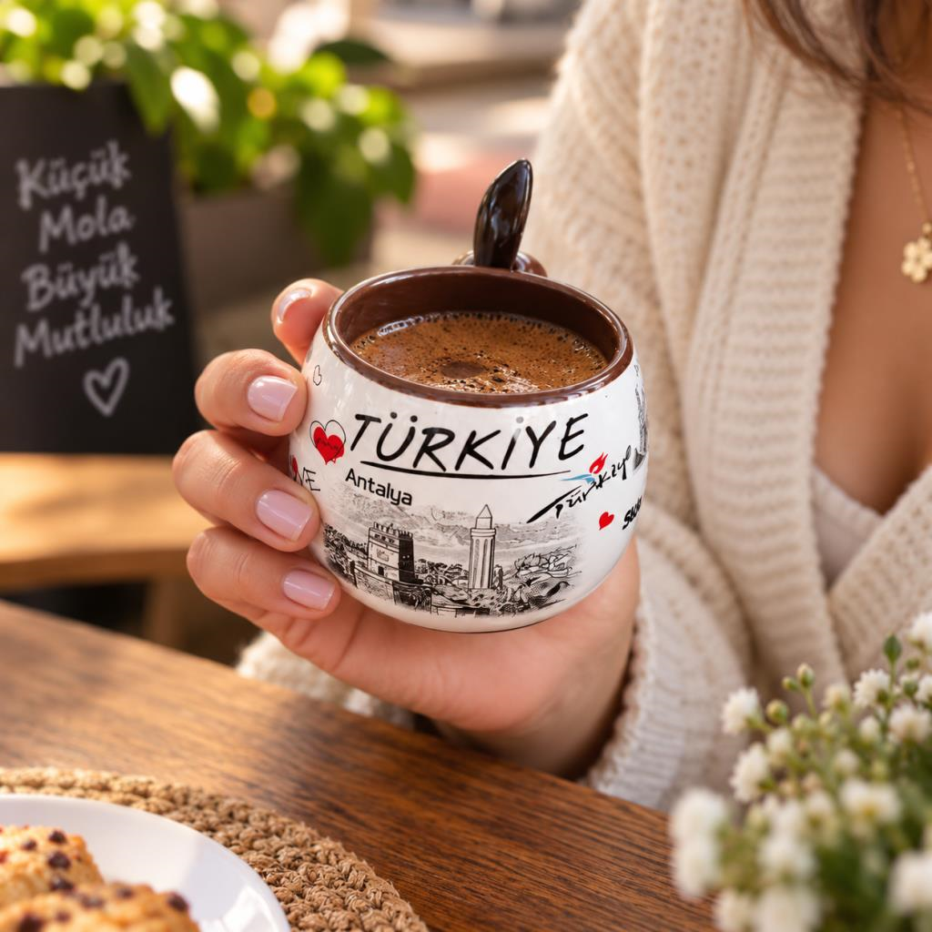 Kupa Bardak Porselen Kaşıklı 100 ML Yöresel Türkiye Temalı Hediyelik Kahve Çay Kupası 
