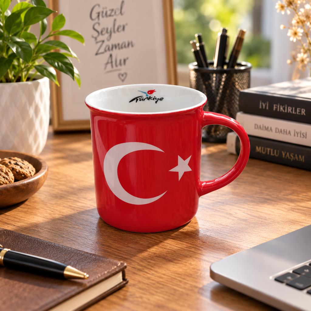 Kupa Bardak Türk Bayraklı Ay Yıldız Porselen 300 ml Kahve Çay Kupası 