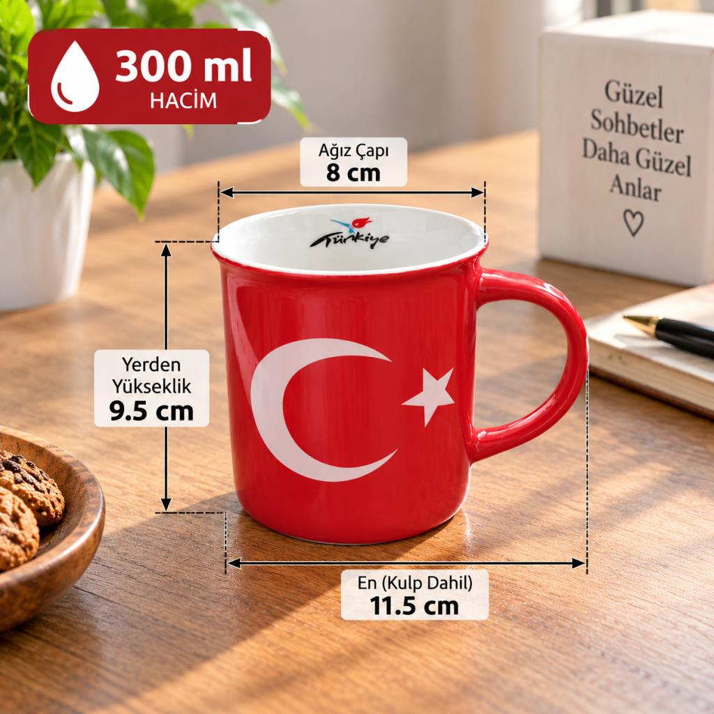 Kupa Bardak Türk Bayraklı Ay Yıldız Porselen 300 ml Kahve Çay Kupası 