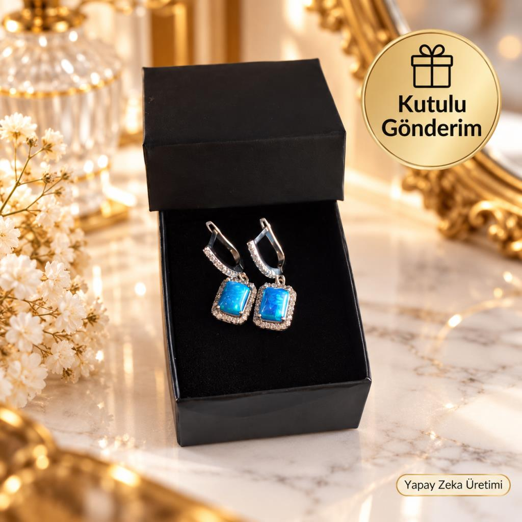 Küpe Mavi Taşlı 925 Ayar Gümüş Küpe Kadın Sertifikalı Kutulu