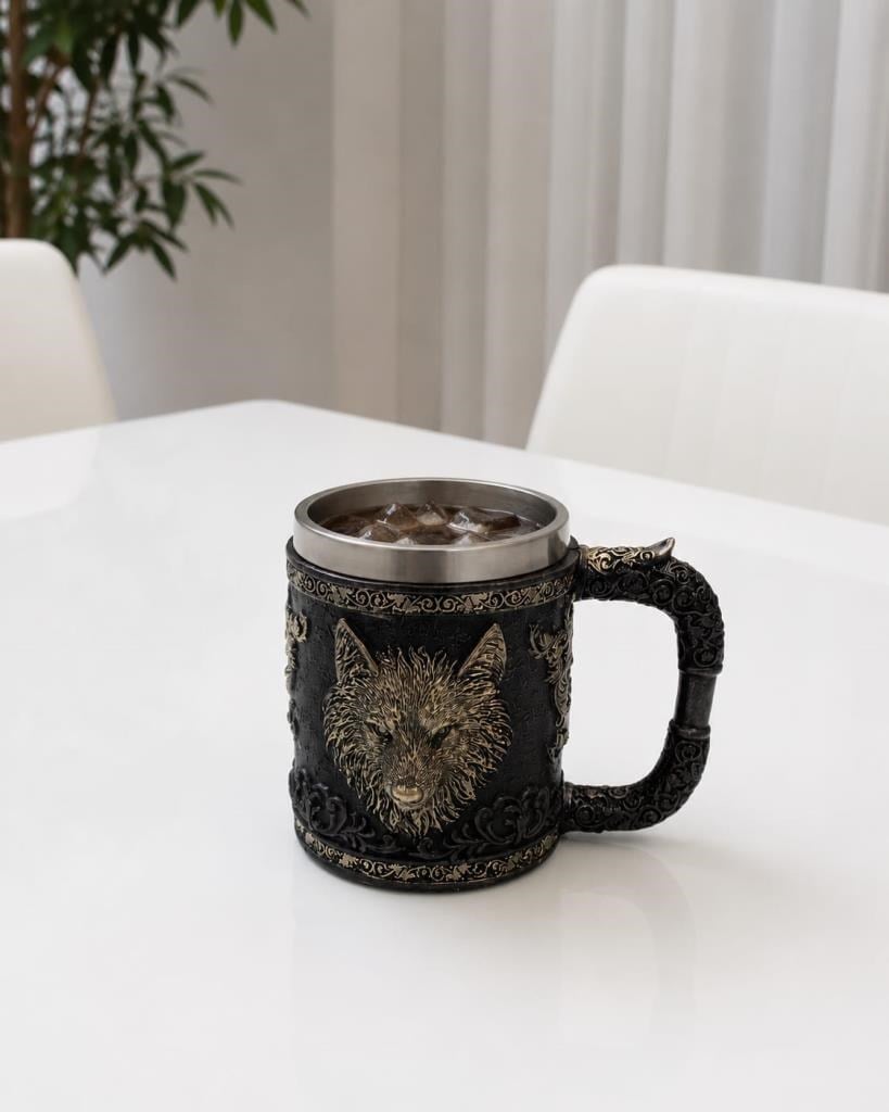 Kurt Figürlü Viking Kupa Bardak 400 ML – Paslanmaz Çelik İç Hazneli Dekoratif Mug 11 cm