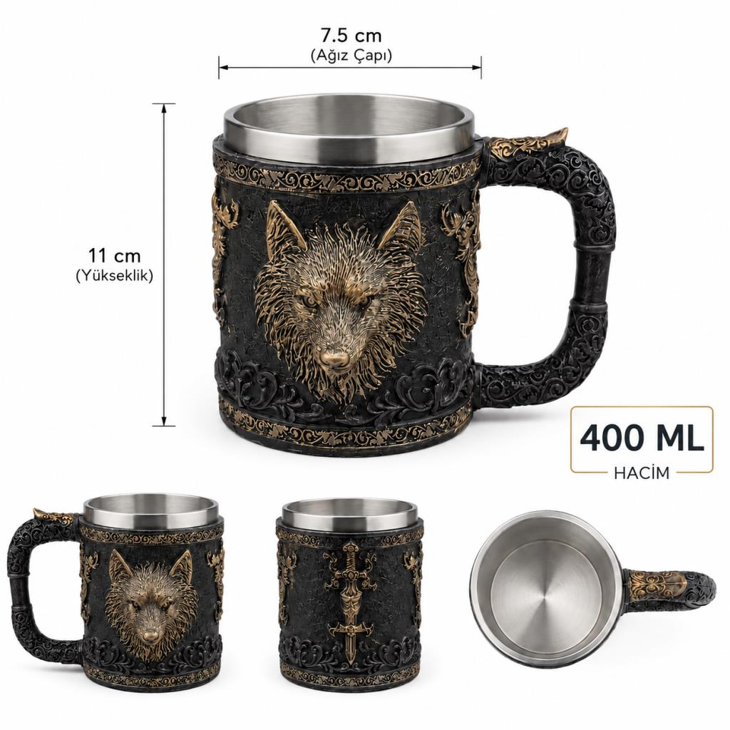 Kurt Figürlü Viking Kupa Bardak 400 ML – Paslanmaz Çelik İç Hazneli Dekoratif Mug 11 cm