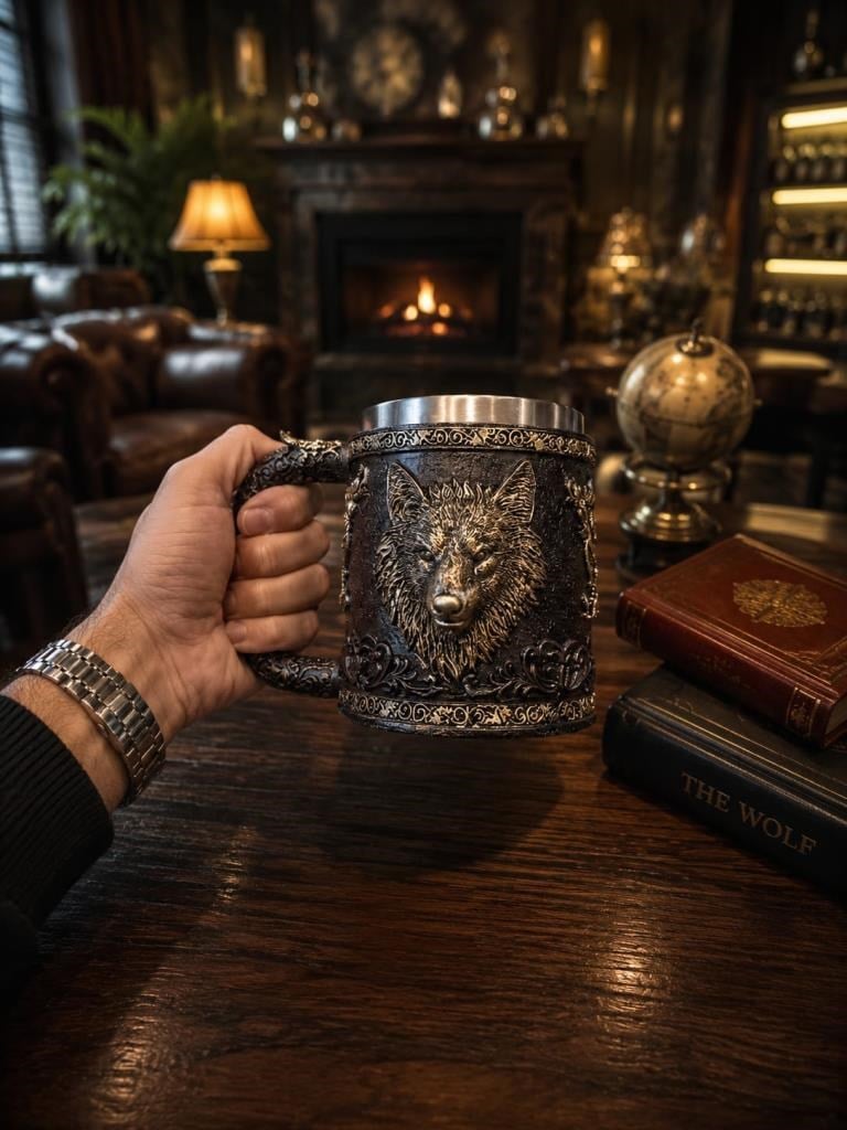 Kurt Figürlü Viking Kupa Bardak 400 ML – Paslanmaz Çelik İç Hazneli Dekoratif Mug 11 cm