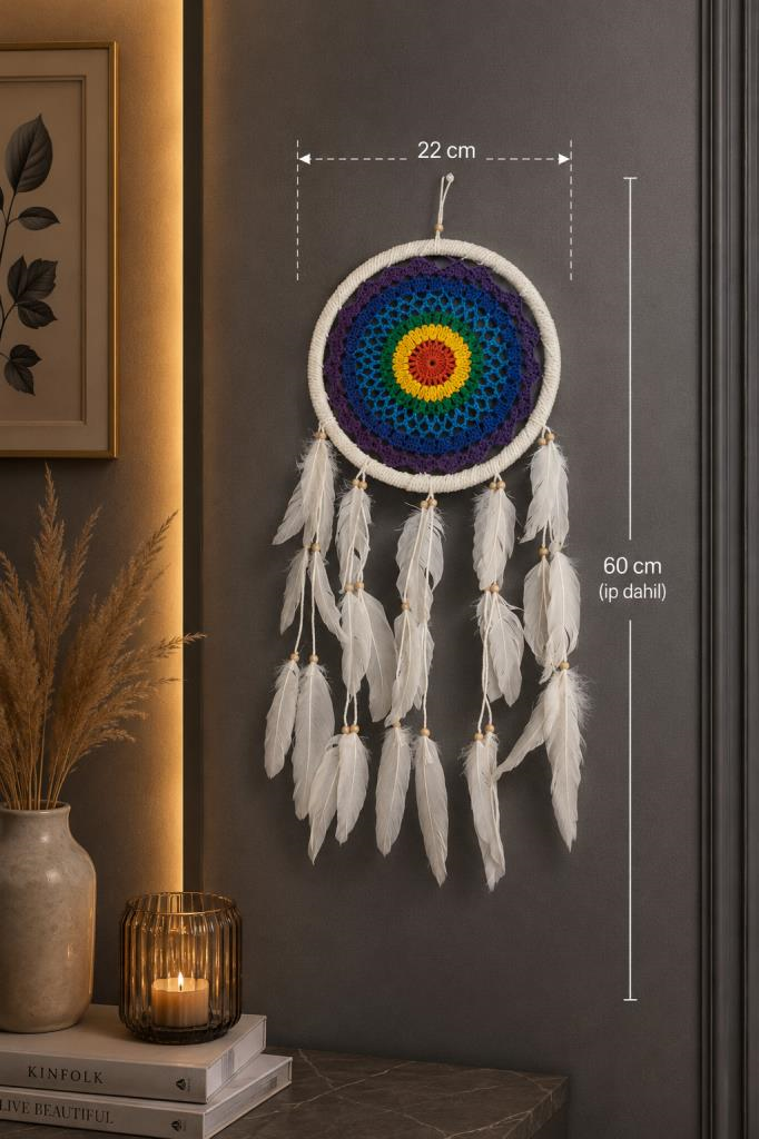 LED Işıklı Dream Catcher Düş Kapanı El Yapımı Bohem Duvar Süsü Renkli Mandala Dekor 22 Cm