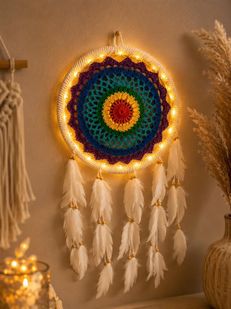 LED Işıklı Dream Catcher Düş Kapanı El Yapımı Bohem Duvar Süsü Renkli Mandala Dekor 22 Cm