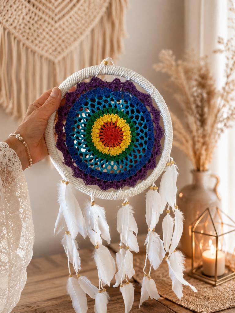 LED Işıklı Dream Catcher Düş Kapanı El Yapımı Bohem Duvar Süsü Renkli Mandala Dekor 22 Cm