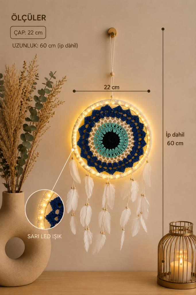 LED Işıklı Dream Catcher Düş Kapanı El Yapımı Bohem Duvar Süsü Renkli Mandala Dekor 22 Cm