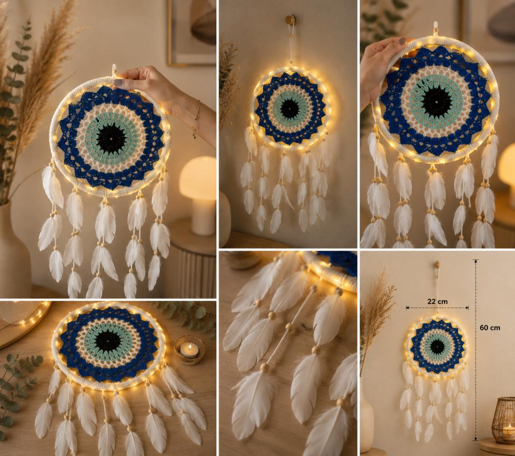LED Işıklı Dream Catcher Düş Kapanı El Yapımı Bohem Duvar Süsü Renkli Mandala Dekor 22 Cm