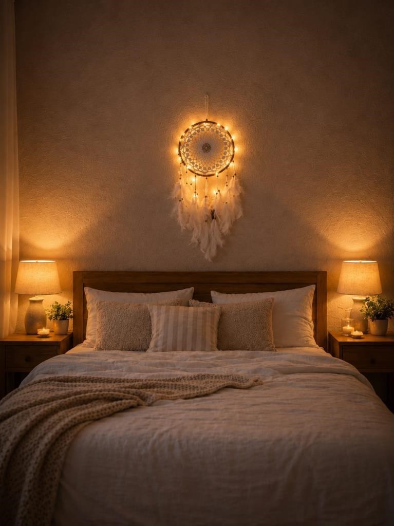 Led Işıklı Düş Kapanı Dreamcatcher Beyaz Kuş Tüyü Rüya Kapanı Duvar Süsü Elişi