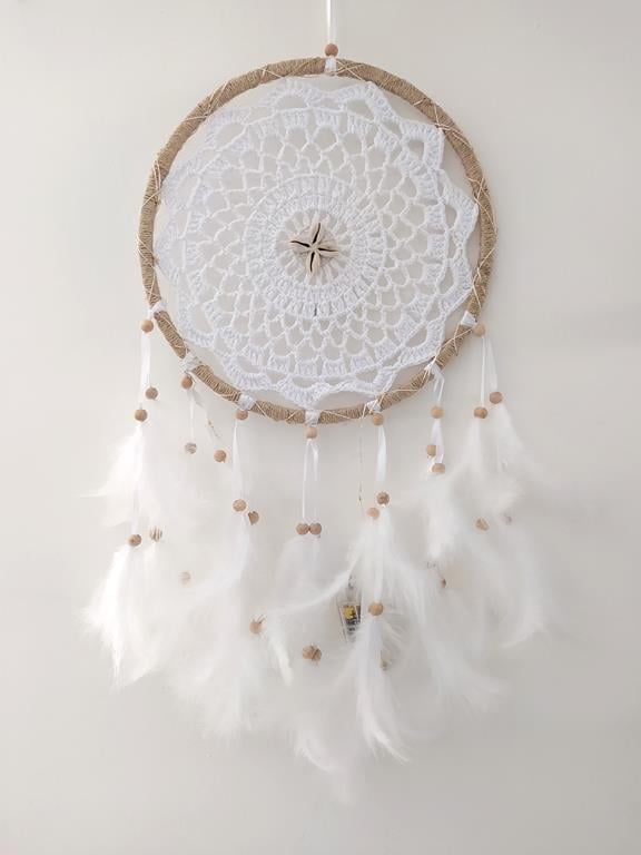 Led Işıklı Düş Kapanı Dreamcatcher Beyaz Kuş Tüyü Rüya Kapanı Duvar Süsü Elişi