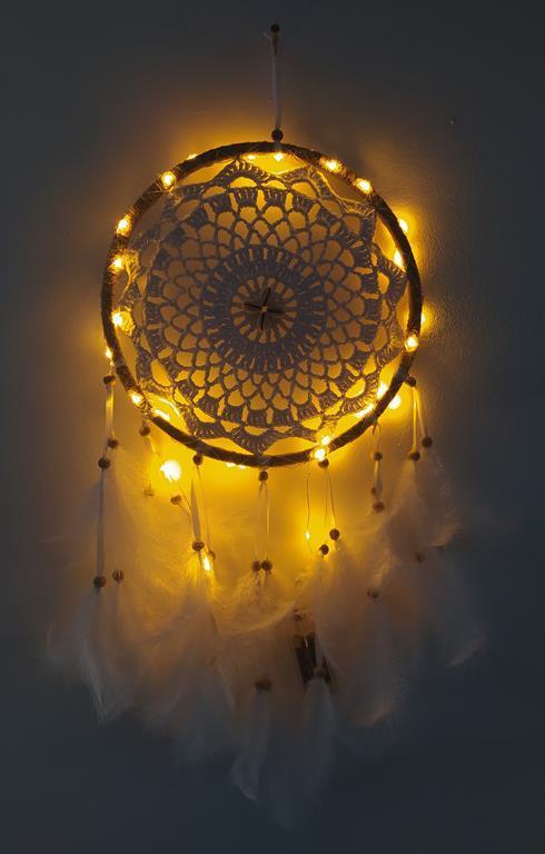 Led Işıklı Düş Kapanı Dreamcatcher Beyaz Kuş Tüyü Rüya Kapanı Duvar Süsü Elişi