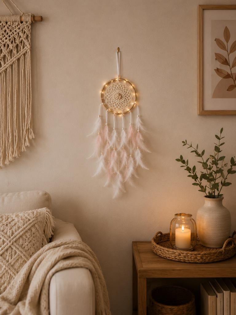 LED Işıklı Düş Kapanı Pudra Beyaz Tüylü Bohem Duvar Süsü 22 CM El Yapımı Dream Catcher Deniz Kabuklu 