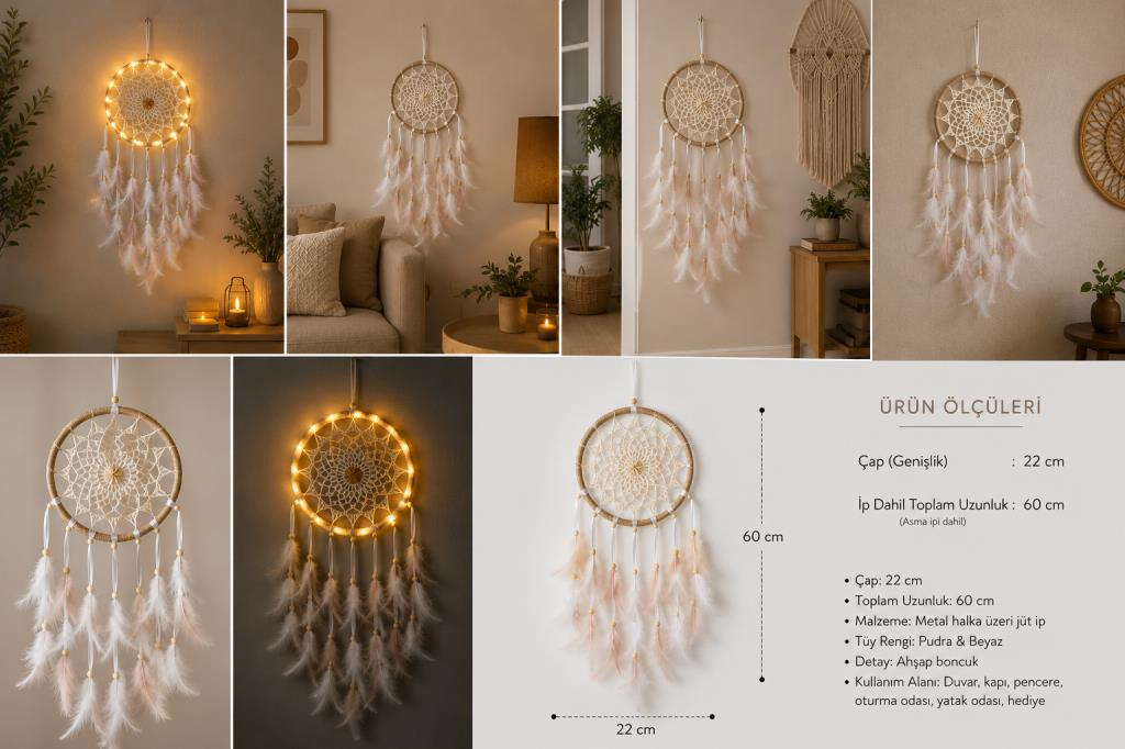 LED Işıklı Düş Kapanı Pudra Beyaz Tüylü Bohem Duvar Süsü 22 CM El Yapımı Dream Catcher Deniz Kabuklu 