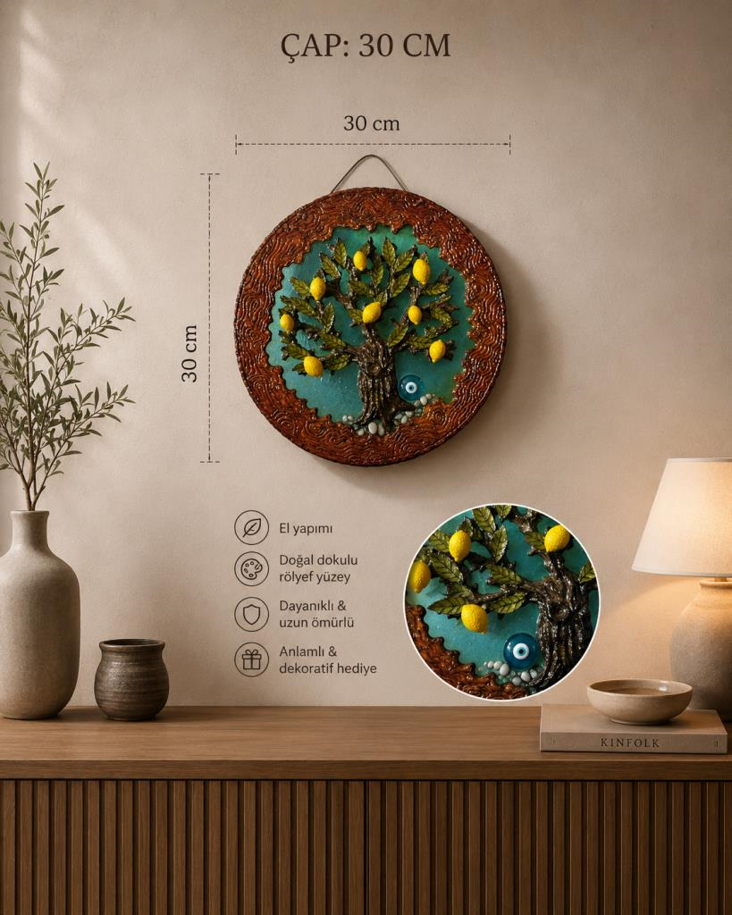 Limon Ağacı Duvar Dekoru Epoksi El Yapımı 30 CM Nazar Boncuklu