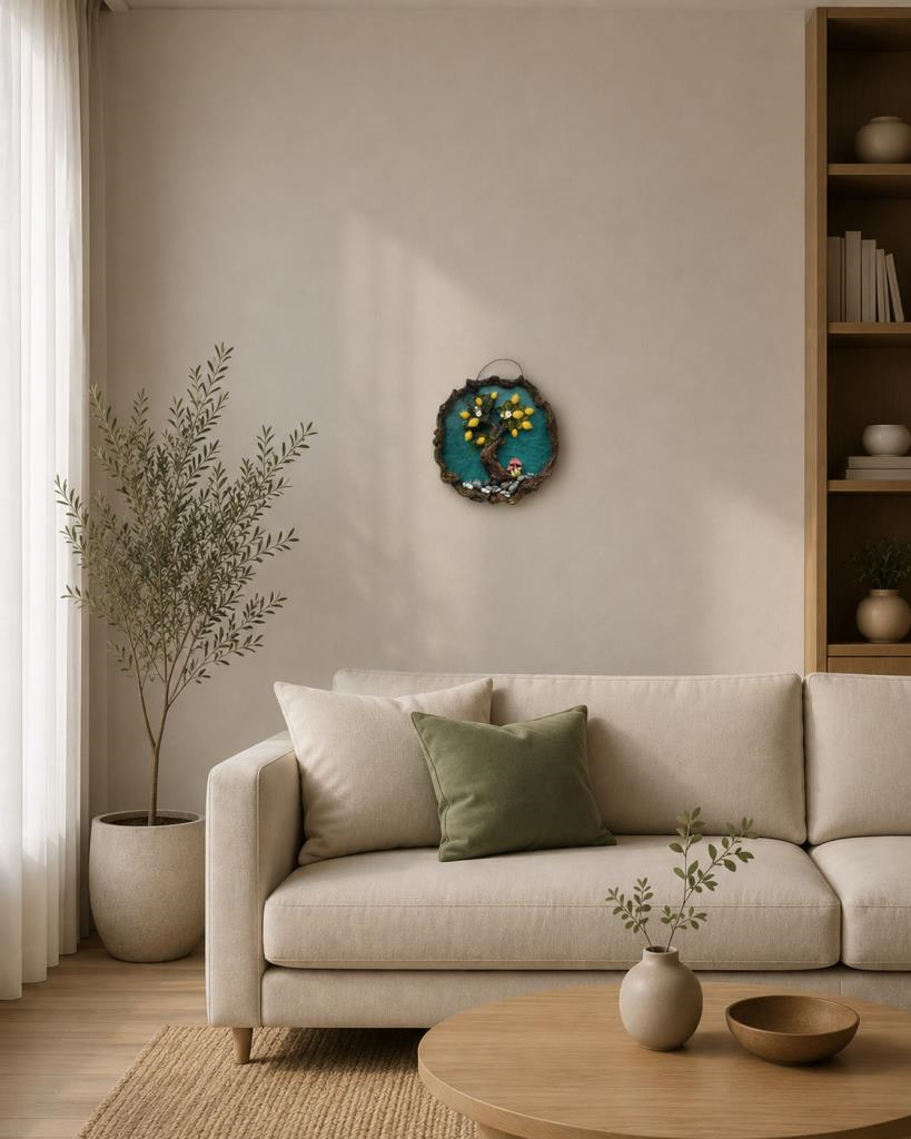 Limon Ağacı Duvar Dekoru Epoksi Tasarım 29x29 cm El Yapımı Rustik Salon Balkon Süsü