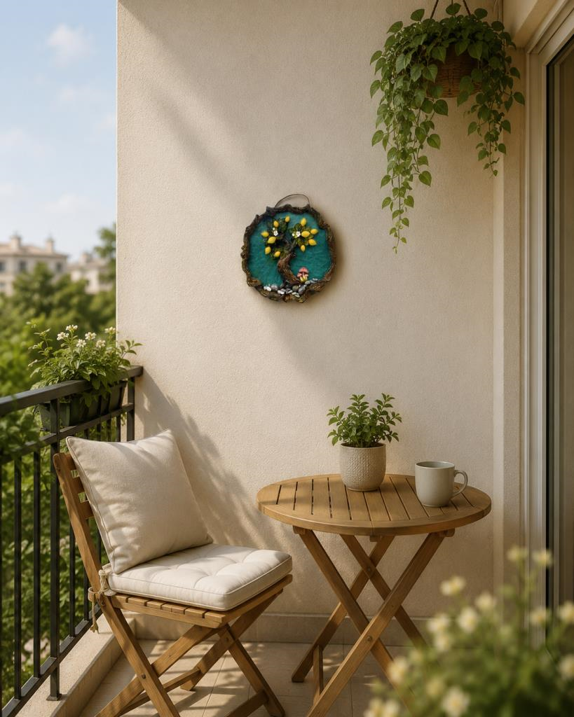 Limon Ağacı Duvar Dekoru Epoksi Tasarım 29x29 cm El Yapımı Rustik Salon Balkon Süsü