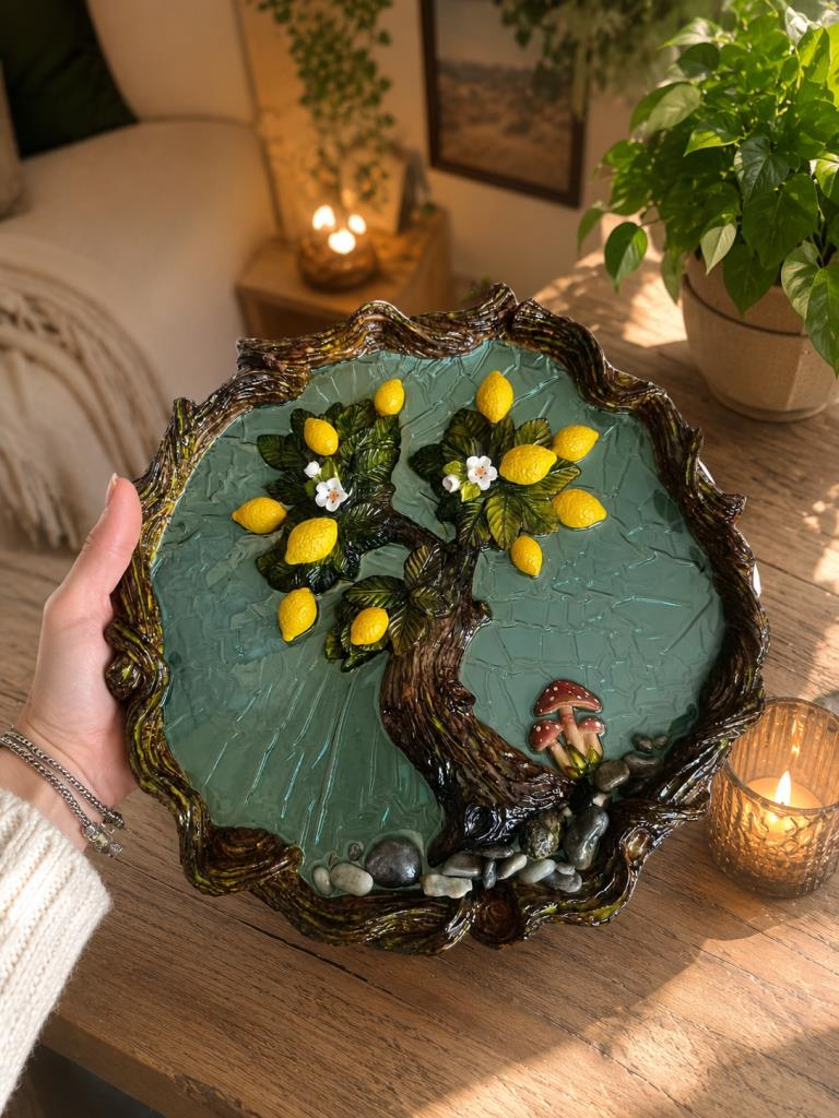 Limon Ağacı Duvar Dekoru Epoksi Tasarım 29x29 cm El Yapımı Rustik Salon Balkon Süsü