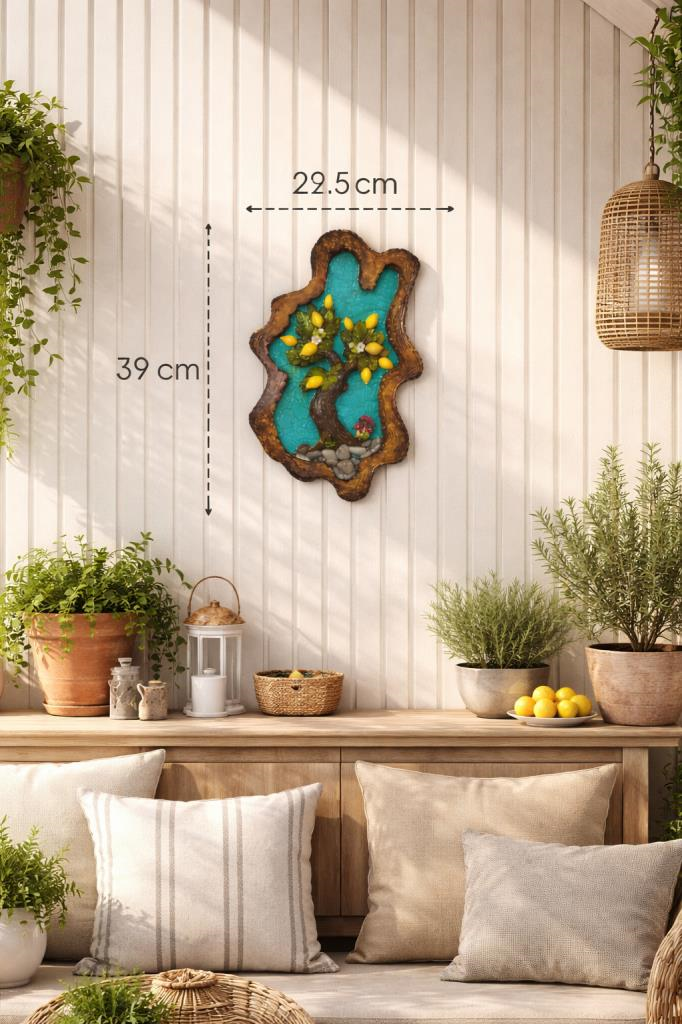 Limon Ağacı Duvar Dekoru Tablo – El Yapımı Dekoratif Epoksi Duvar Süsü | Modern Ev Dekorasyonu 39x27,5