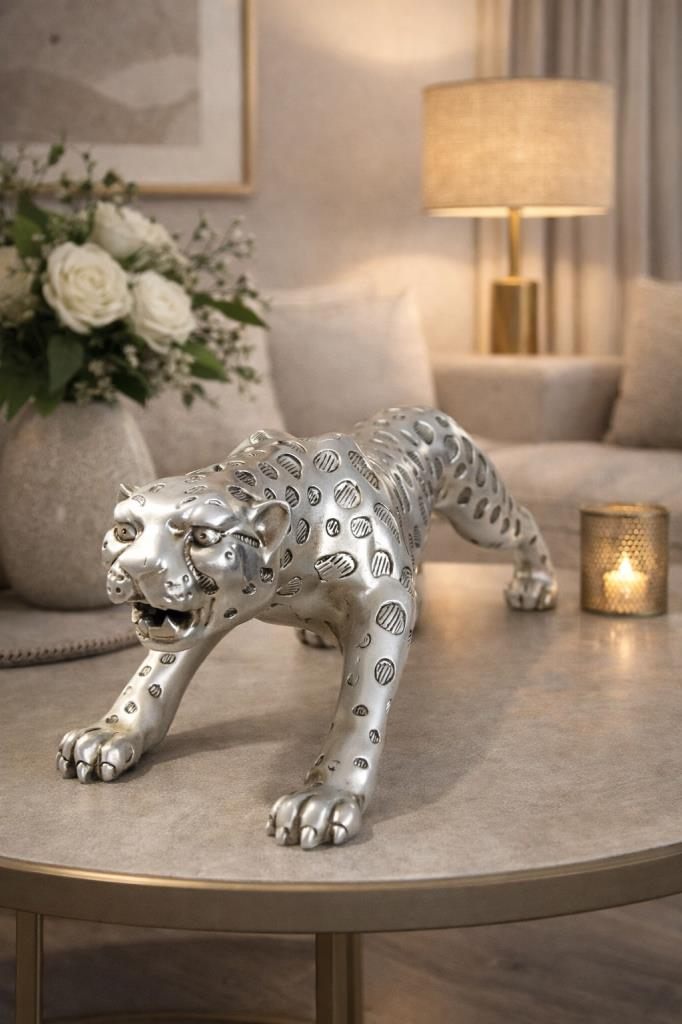 Lüks 60 cm Leopar Heykel – Ev Dekorasyon, Salon ve Ofis Masa Üstü Dekoru