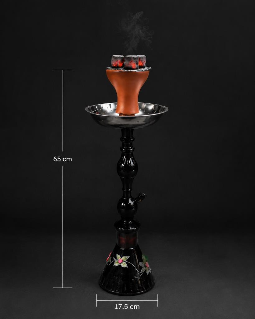 Lüks Siyah Nargile Takımı 65 Cm Dekoratif Cam Şişeli Tek Hortumlu Nargile Seti Kömürlü Cafe Tipi