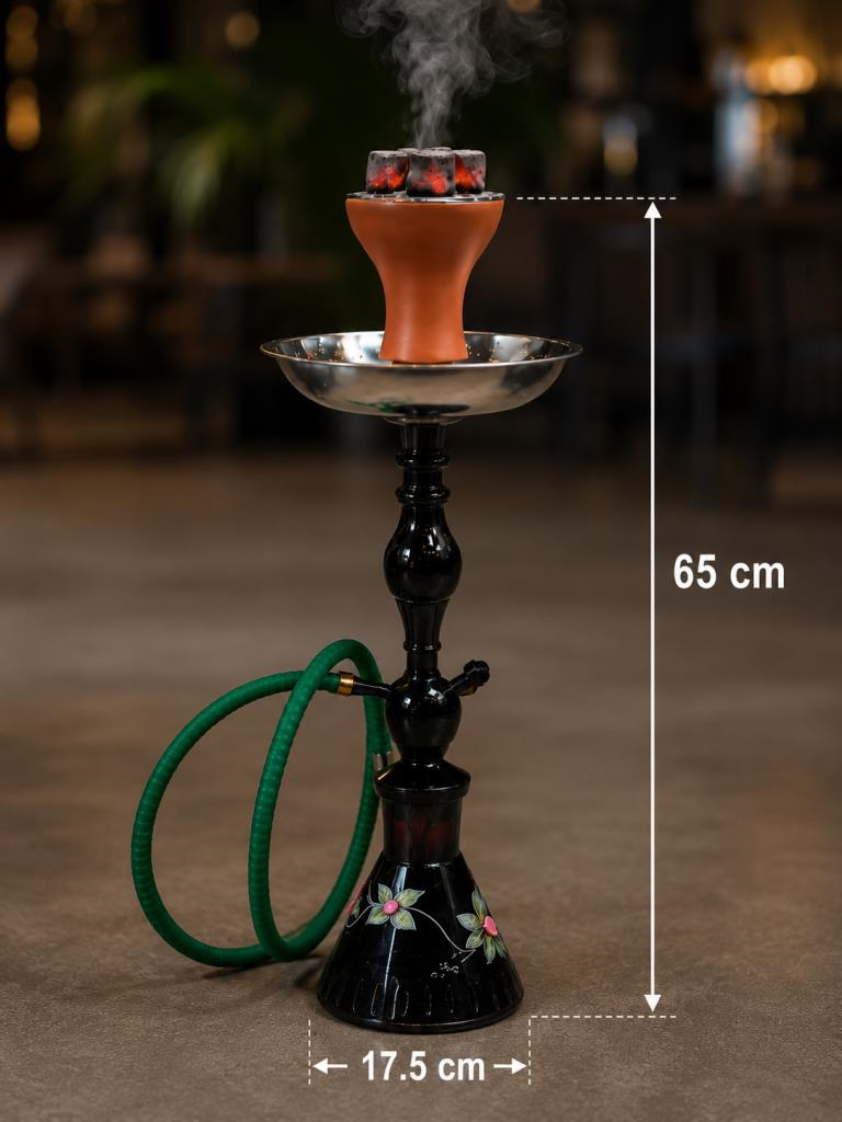 Lüks Siyah Nargile Takımı 65 Cm Dekoratif Cam Şişeli Tek Hortumlu Nargile Seti Kömürlü Cafe Tipi