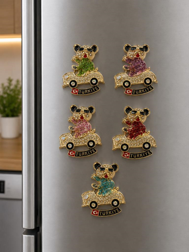Magnet Ayıcıklı Araba Figürlü Taşlı Metal Buzdolabı Süsü – Türkiye Yazılı Dekoratif Hediyelik Magnet