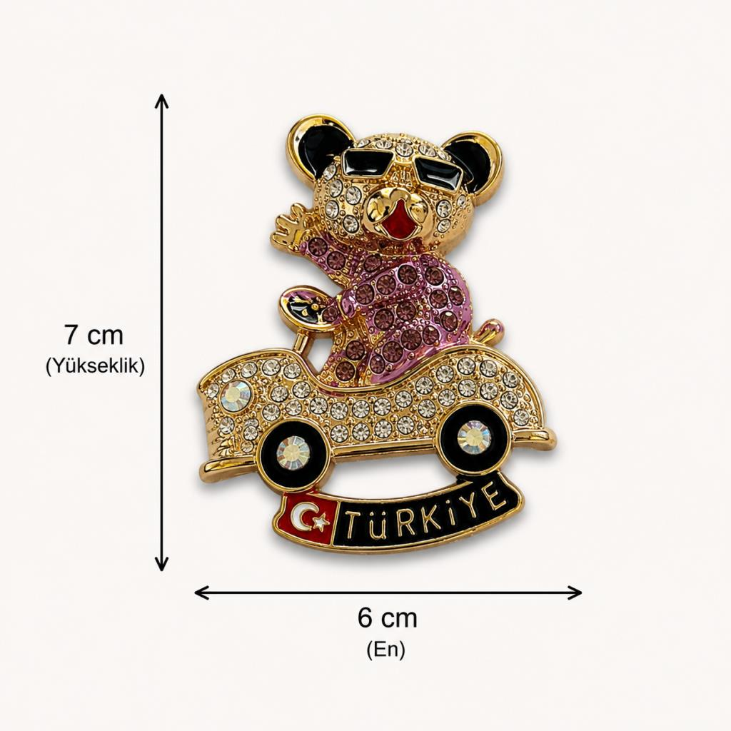 Magnet Ayıcıklı Araba Figürlü Taşlı Metal Buzdolabı Süsü – Türkiye Yazılı Dekoratif Hediyelik Magnet