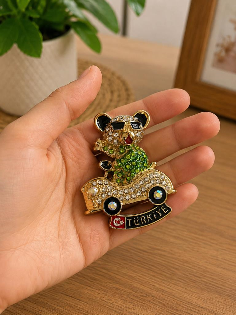 Magnet Ayıcıklı Araba Figürlü Taşlı Metal Buzdolabı Süsü – Türkiye Yazılı Dekoratif Hediyelik Magnet