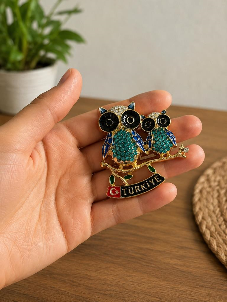 Magnet Baykuş Figürlü Türkiye Hatıra Buzdolabı Süsü Taşlı Metal Dekoratif Magnet 7x6 cm