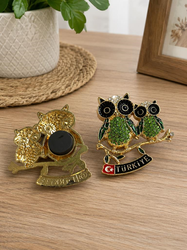 Magnet Baykuş Figürlü Türkiye Hatıra Buzdolabı Süsü Taşlı Metal Dekoratif Magnet 7x6 cm