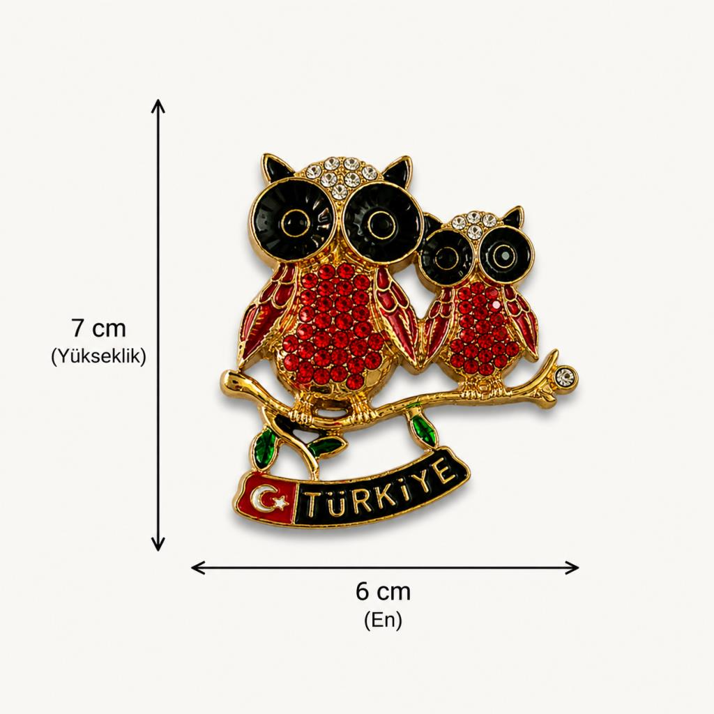Magnet Baykuş Figürlü Türkiye Hatıra Buzdolabı Süsü Taşlı Metal Dekoratif Magnet 7x6 cm