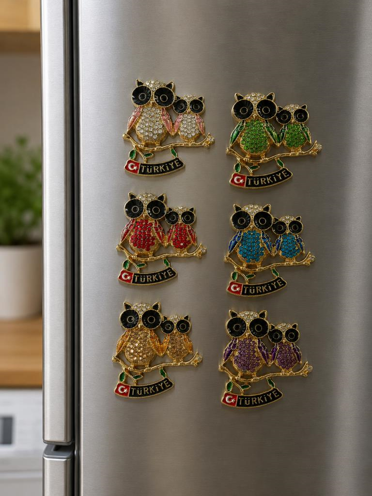 Magnet Baykuş Figürlü Türkiye Hatıra Buzdolabı Süsü Taşlı Metal Dekoratif Magnet 7x6 cm