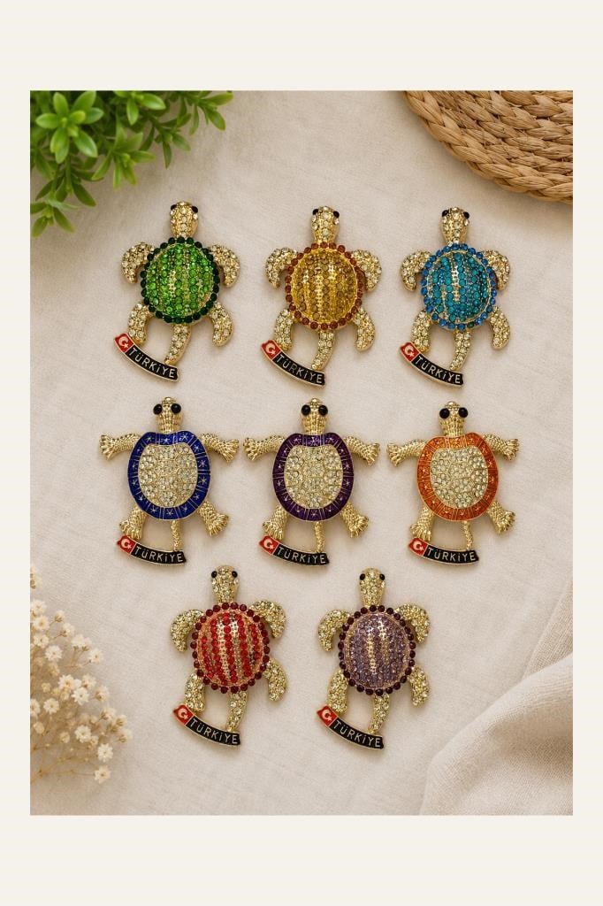 Magnet Kaplumbağa Buzdolabı Süsü 8x6 CM – Taş İşlemeli Dekoratif Türkiye Hediyelik Magnet