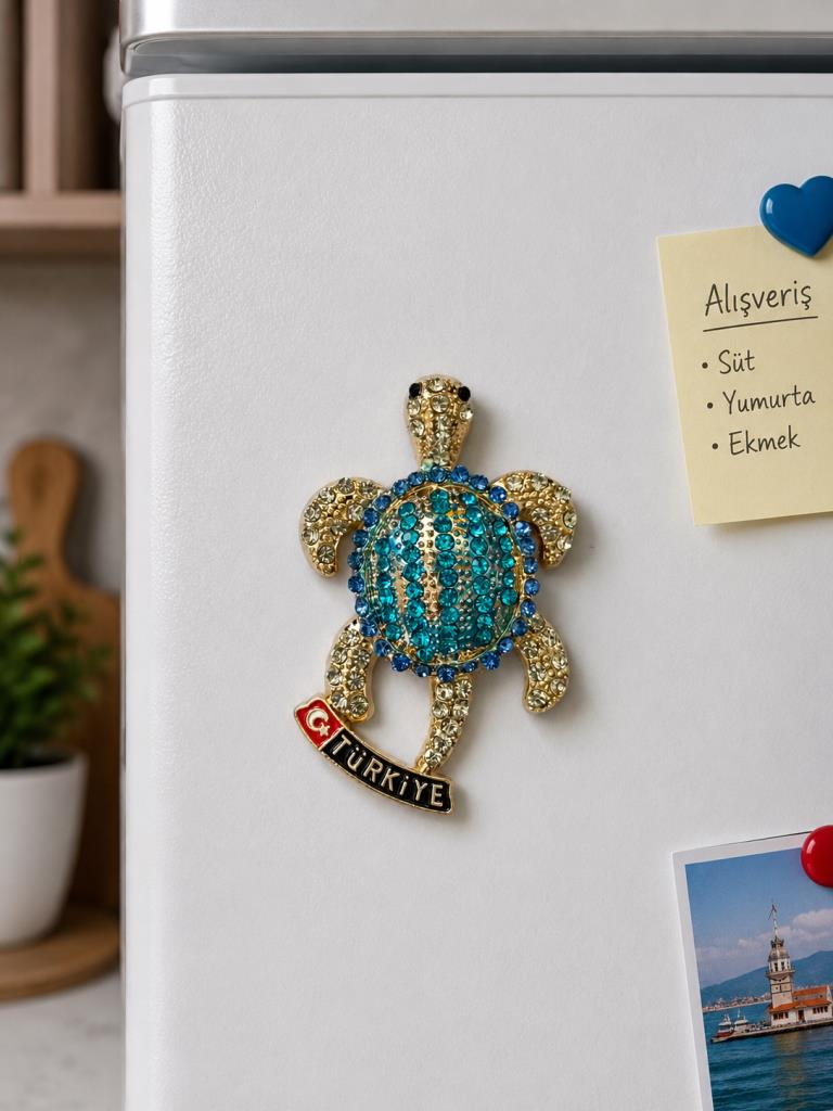 Magnet Kaplumbağa Buzdolabı Süsü 8x6 CM – Taş İşlemeli Dekoratif Türkiye Hediyelik Magnet