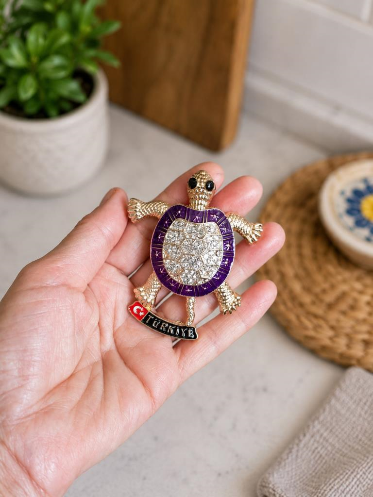 Magnet Kaplumbağa Buzdolabı Süsü 8x6 CM – Taş İşlemeli Dekoratif Türkiye Hediyelik Magnet