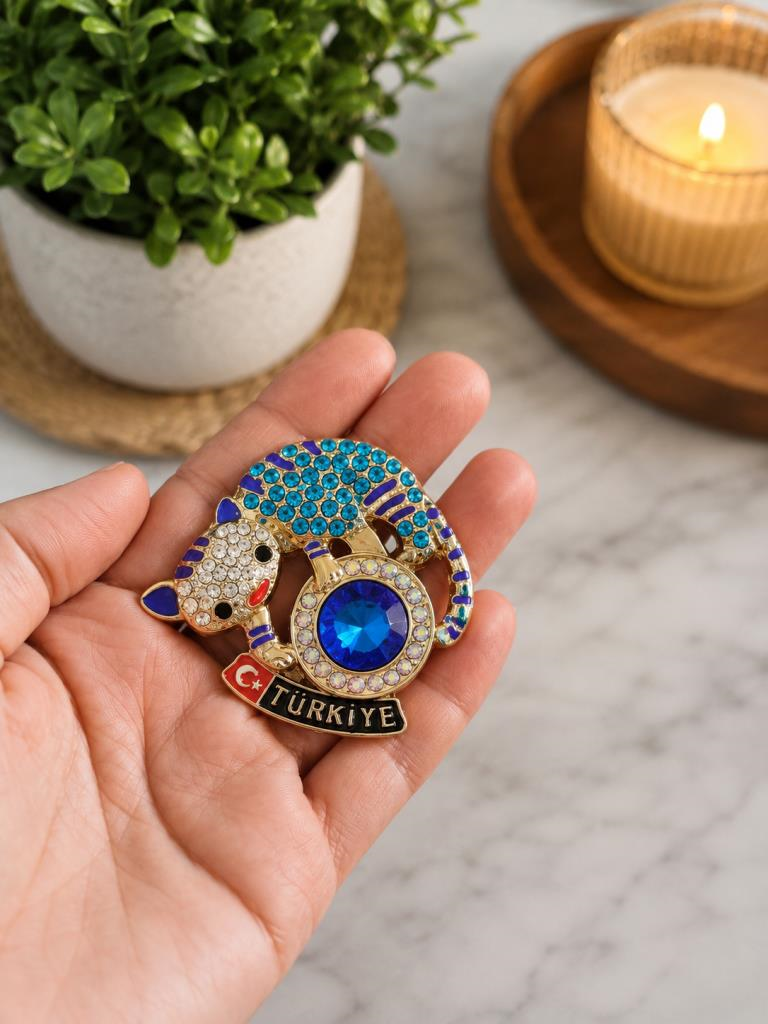 Magnet Kedi Figürlü Taşlı Türkiye Hatıra Buzdolabı Magneti – Dekoratif Hediyelik 6x5.5 cm