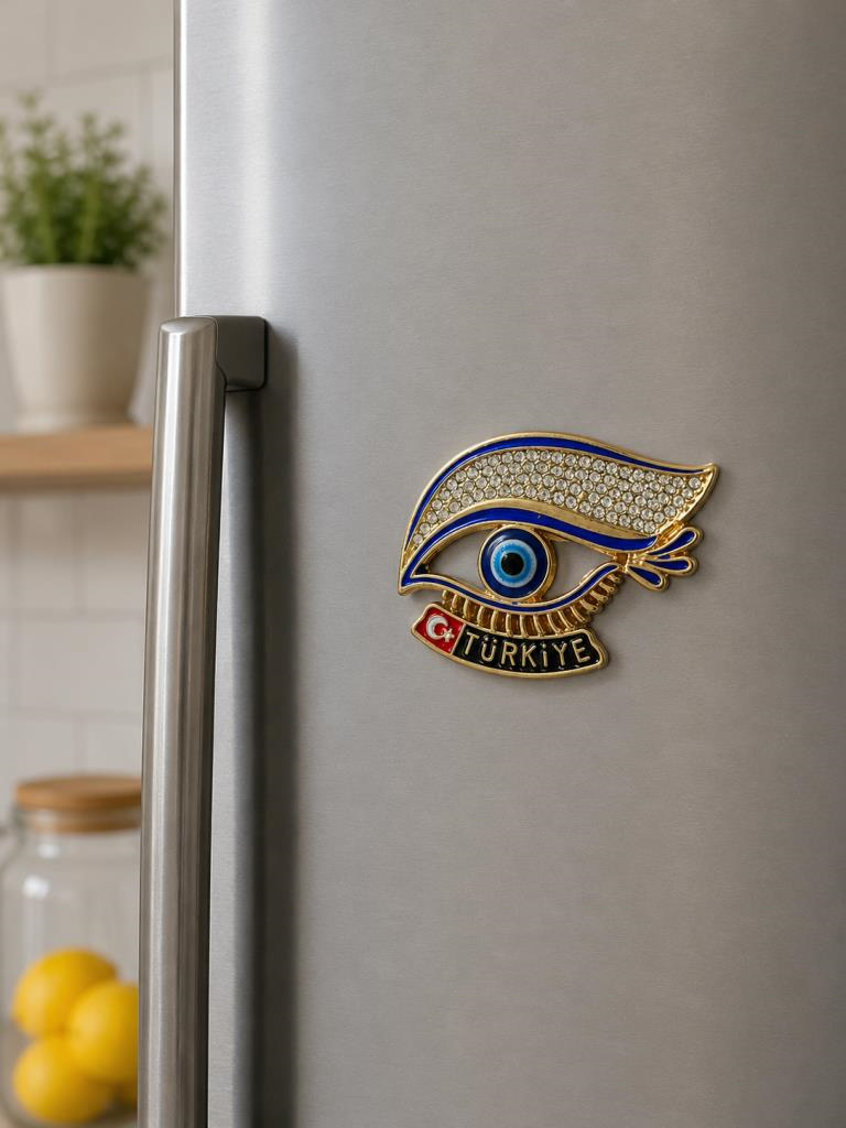 Magnet Nazar Boncuklu Göz Figürlü Türkiye Buzdolabı Süsü – Metal Taşlı Dekoratif Hediyelik Magnet 7x5 cm