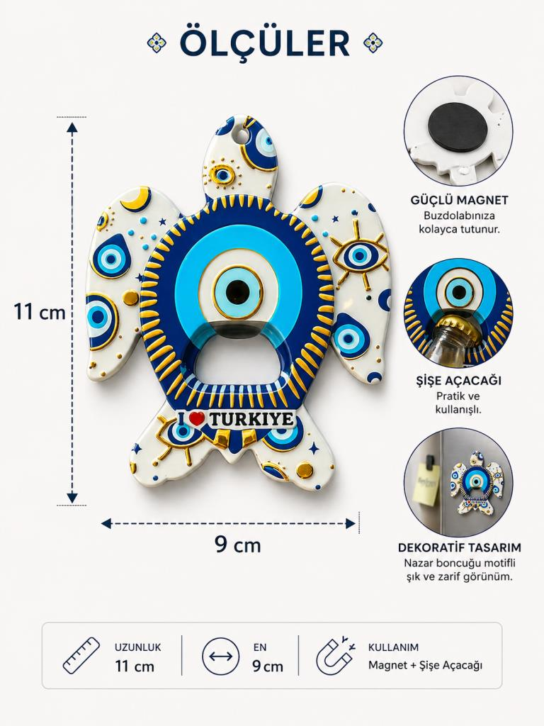 Magnet Şişe Açacağı Kaplumbağa – Nazar Boncuklu Buzdolabı Magneti Türkiye Hatıra