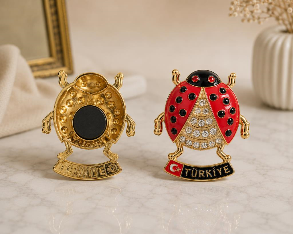 Magnet Uğur Böceği Türkiye Yazılı Taşlı Buzdolabı Süsü – Dekoratif Hediyelik Souvenir