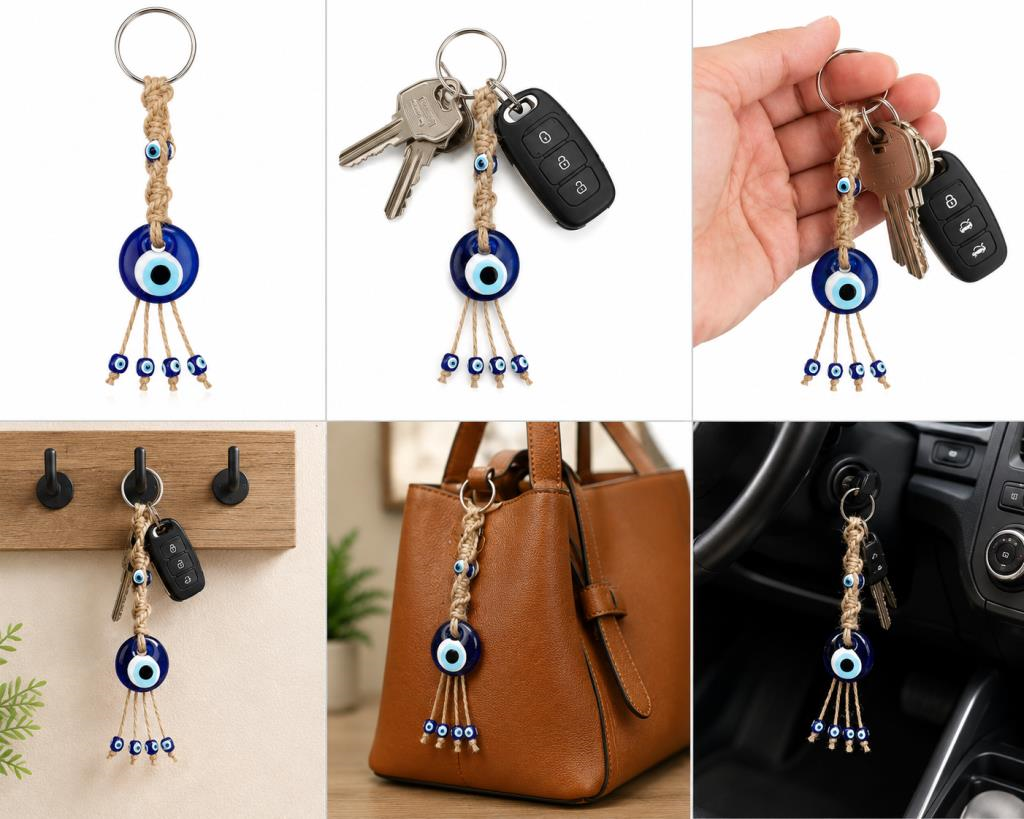 Makrome Anahtarlık Cam Nazar Boncuklu Jüt İpli 15-18 cm