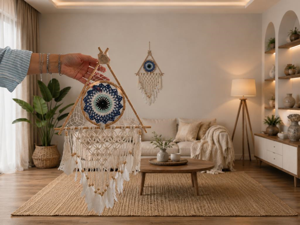 Makrome Bambu Düş Kapanı Bohem Duvar Süsü Dream Catcher El Yapımı Dekor 80x33 CM  