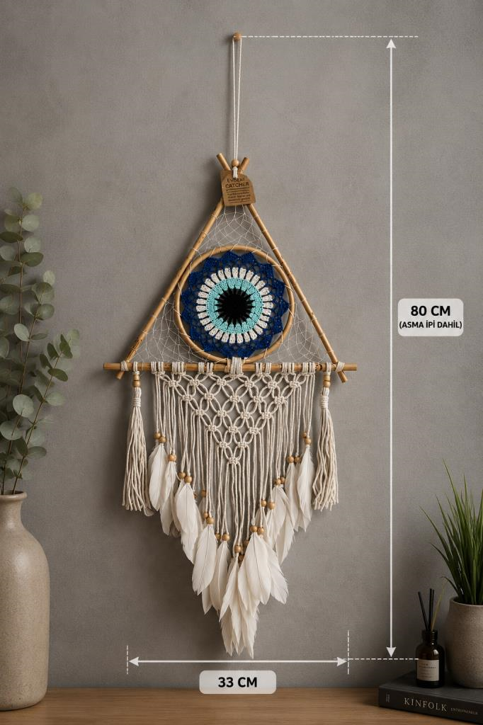 Makrome Bambu Düş Kapanı Bohem Duvar Süsü Dream Catcher El Yapımı Dekor 80x33 CM  