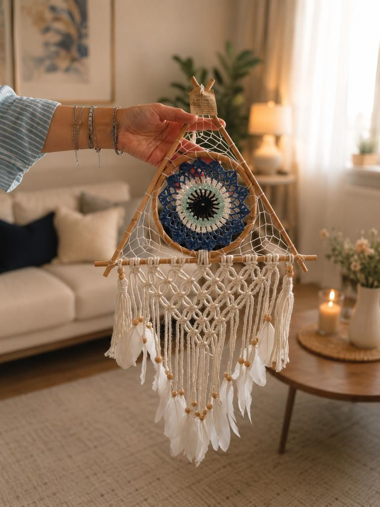 Makrome Bambu Düş Kapanı Bohem Duvar Süsü Dream Catcher El Yapımı Dekor 80x33 CM  