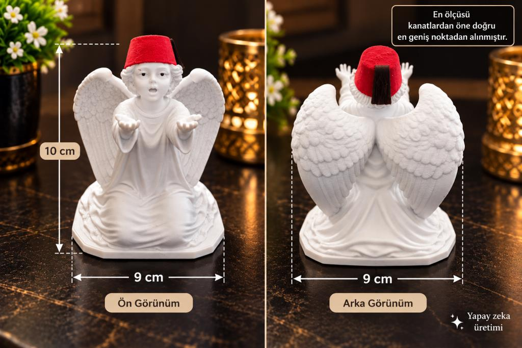 Melek Biblo Kanatlı Melek Figürü Beyaz Kırmızı Fes Dekoratif Masa Süsü 10x9 cm