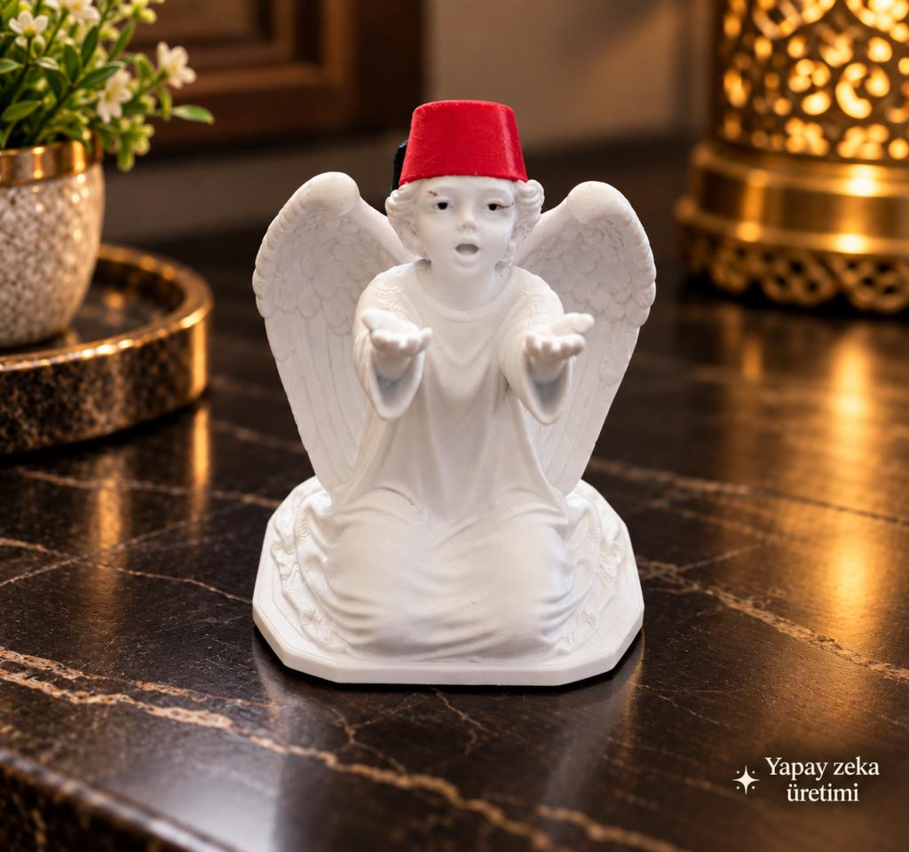 Melek Biblo Kanatlı Melek Figürü Beyaz Kırmızı Fes Dekoratif Masa Süsü 10x9 cm