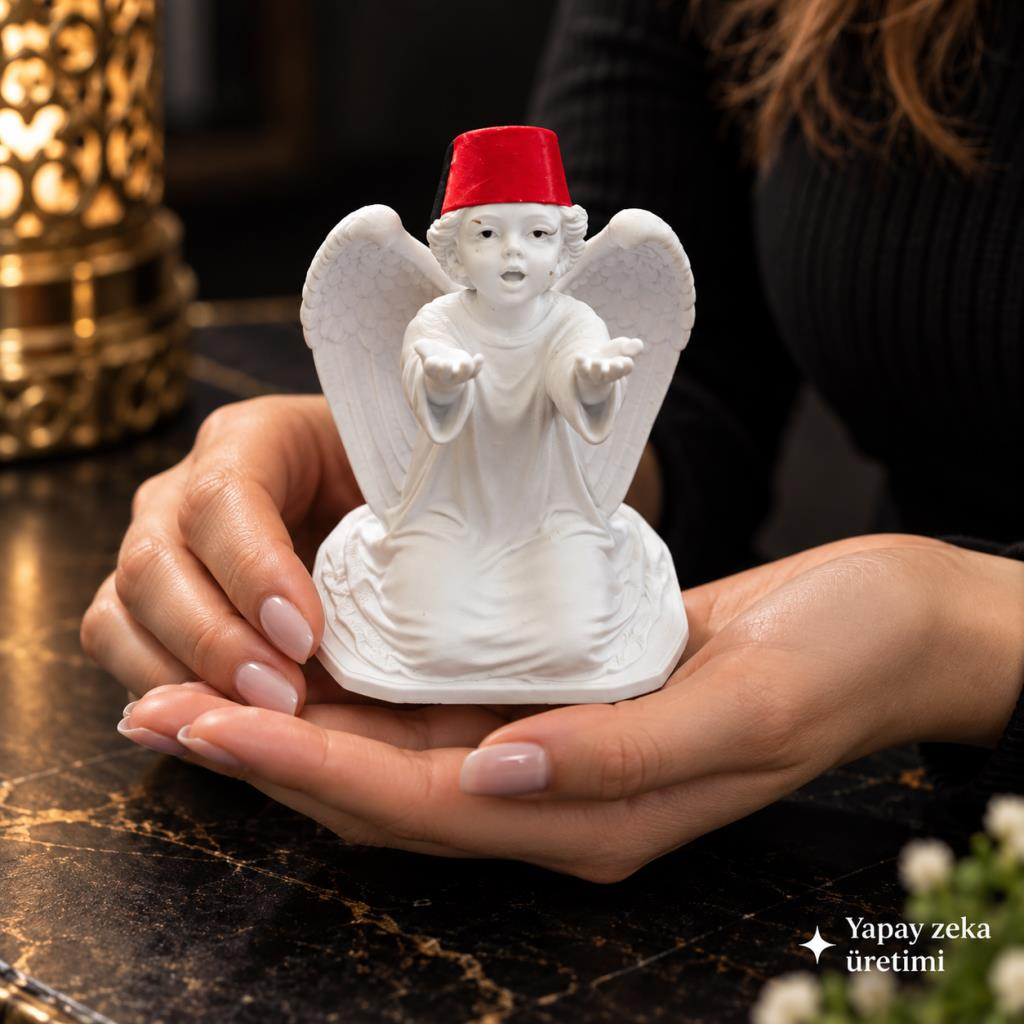 Melek Biblo Kanatlı Melek Figürü Beyaz Kırmızı Fes Dekoratif Masa Süsü 10x9 cm