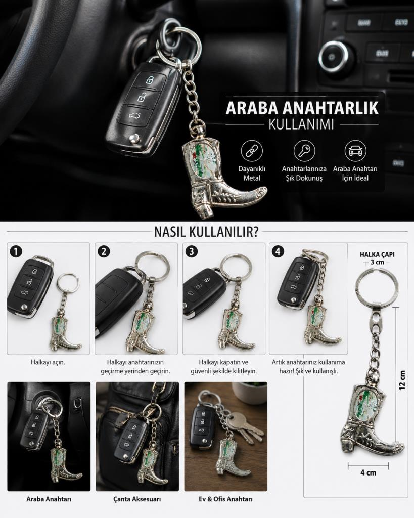 Metal Anahtarlık Araba Ev Ofis Anahtarı Çanta Aksesuarı Western Kovboy Çizme Figürlü 12 cm 
