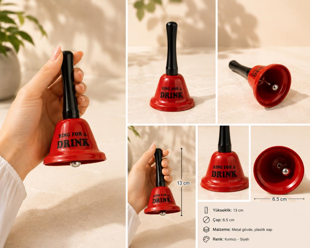 Metal El Çanı Servis Zili Dekoratif Masa Zili Ring For A Drink Kırmızı 13 cm